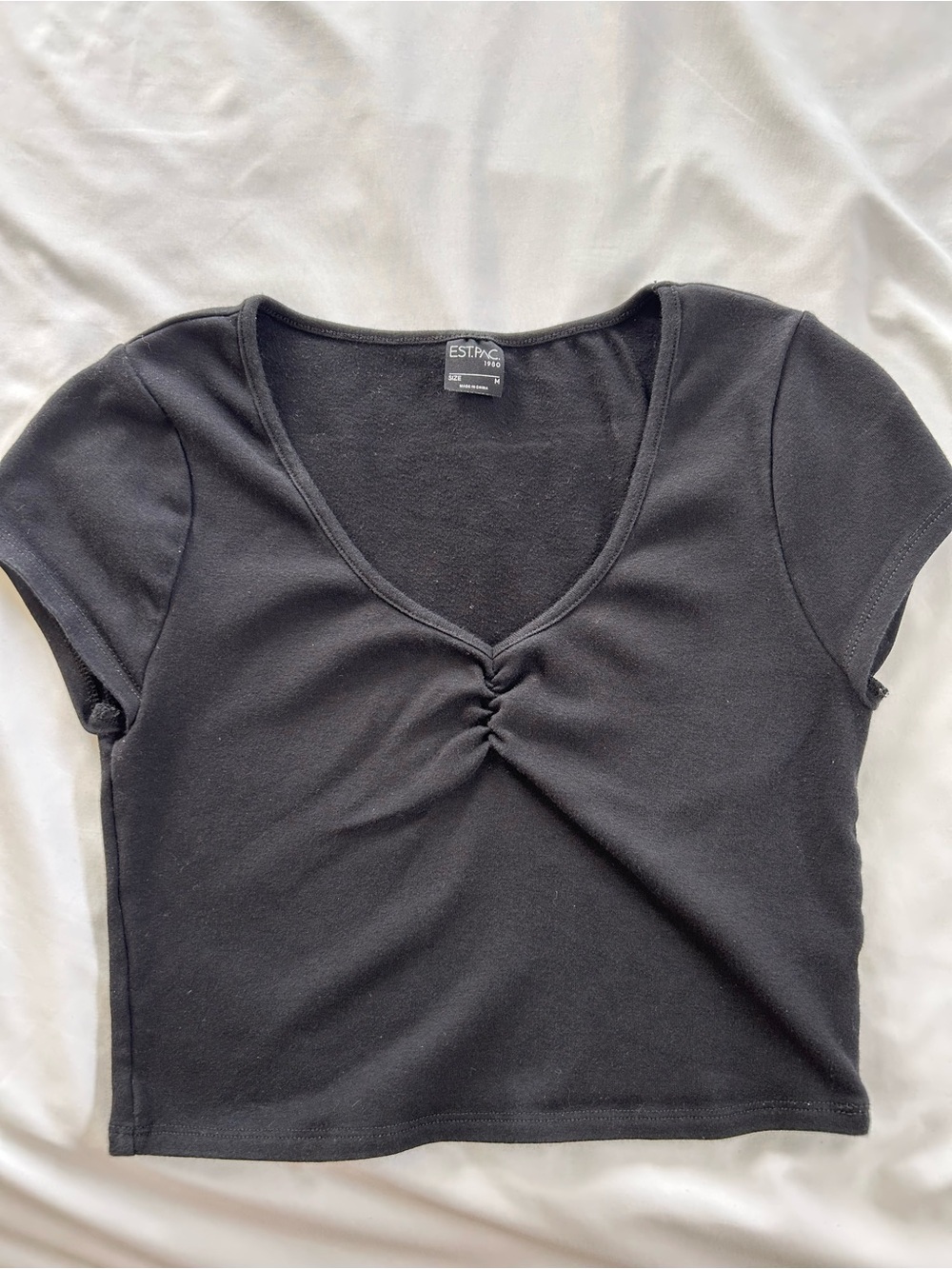 Estpac Black Short Sleeve Ruched V-Neck Top